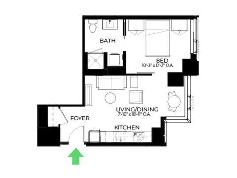 Floor plan for 1 bed, 1 bath, 541 sqft